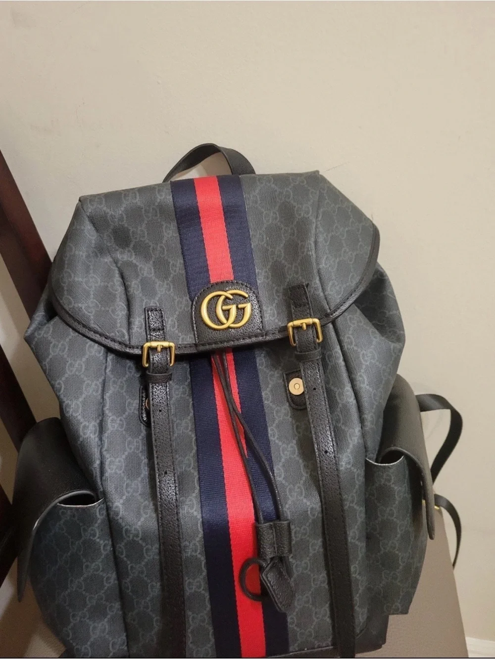 Gucci Black GG Canvas Backpack with Navy and Red Web Stripe